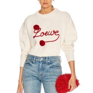 Loewe Cream and Red Crew Neck Pom Pom Sweater